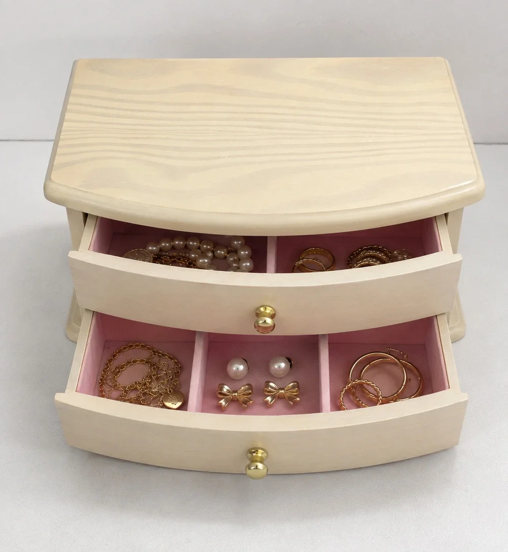 Wood Jewelry Box 2 Drawer Organizer Mirror Ring Storage Pink Lined Wooden Chest